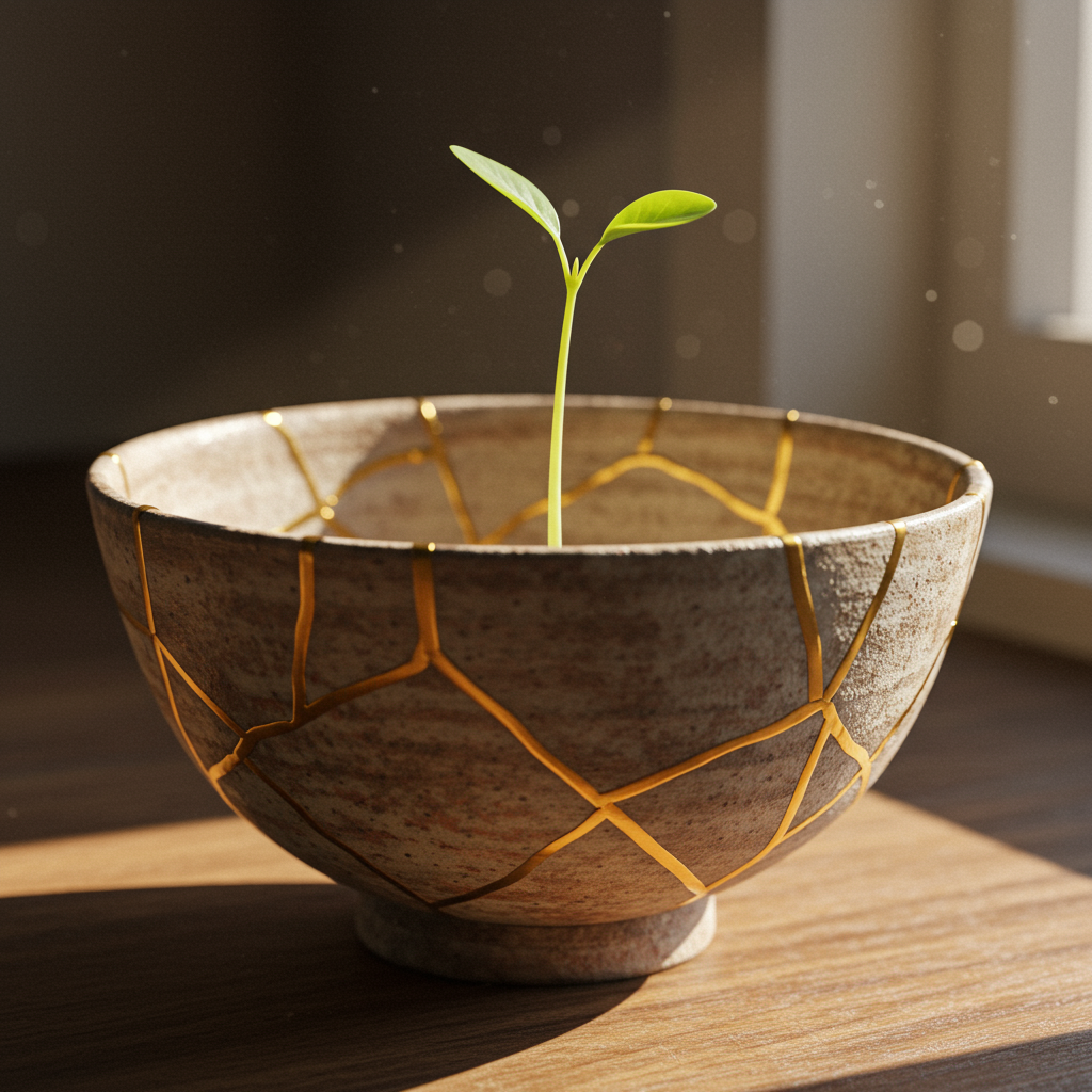 Healing and growth - Kintsugi bowl with sprouting plant symbolizing resilience and growth