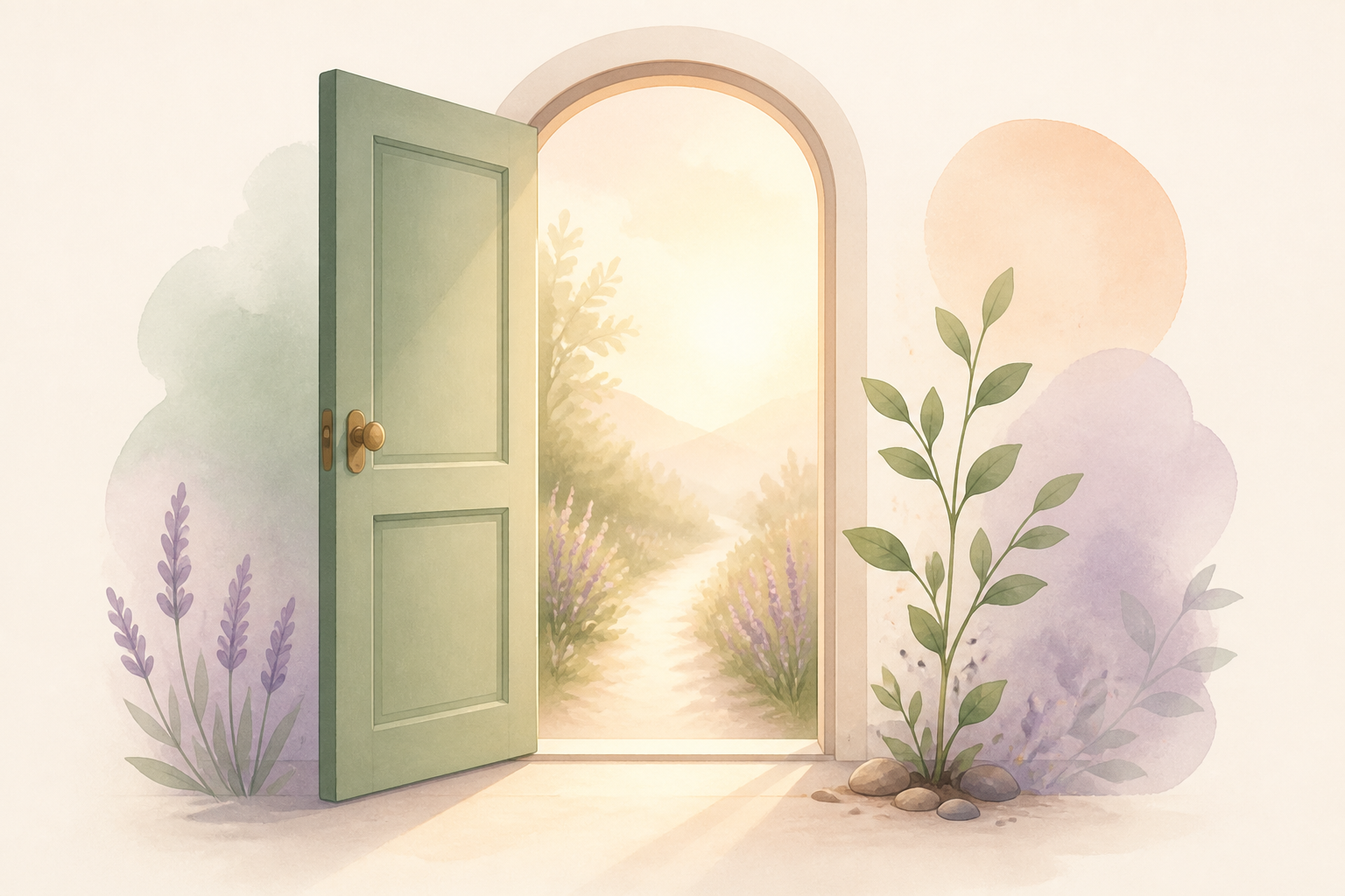 An open door with warm light and a growing plant, symbolizing accessible therapy and new beginnings