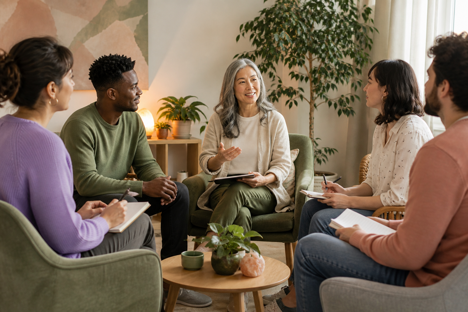 A warm group workshop setting with people learning together in a supportive environment